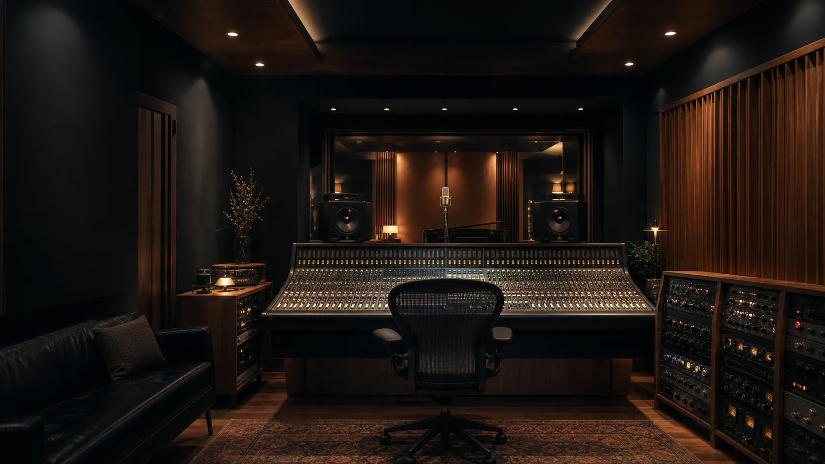 Recording studio control room with a mixing console, studio monitors and seating