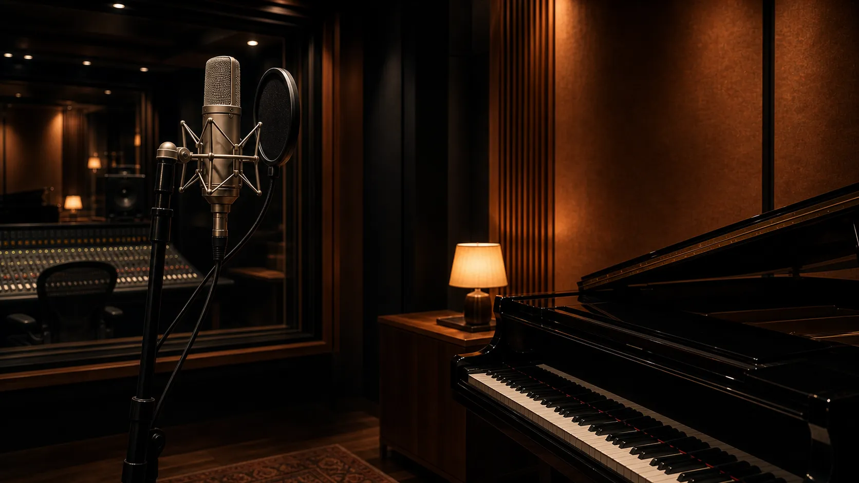 Grand piano and vocal microphone beside the studio control-room window
