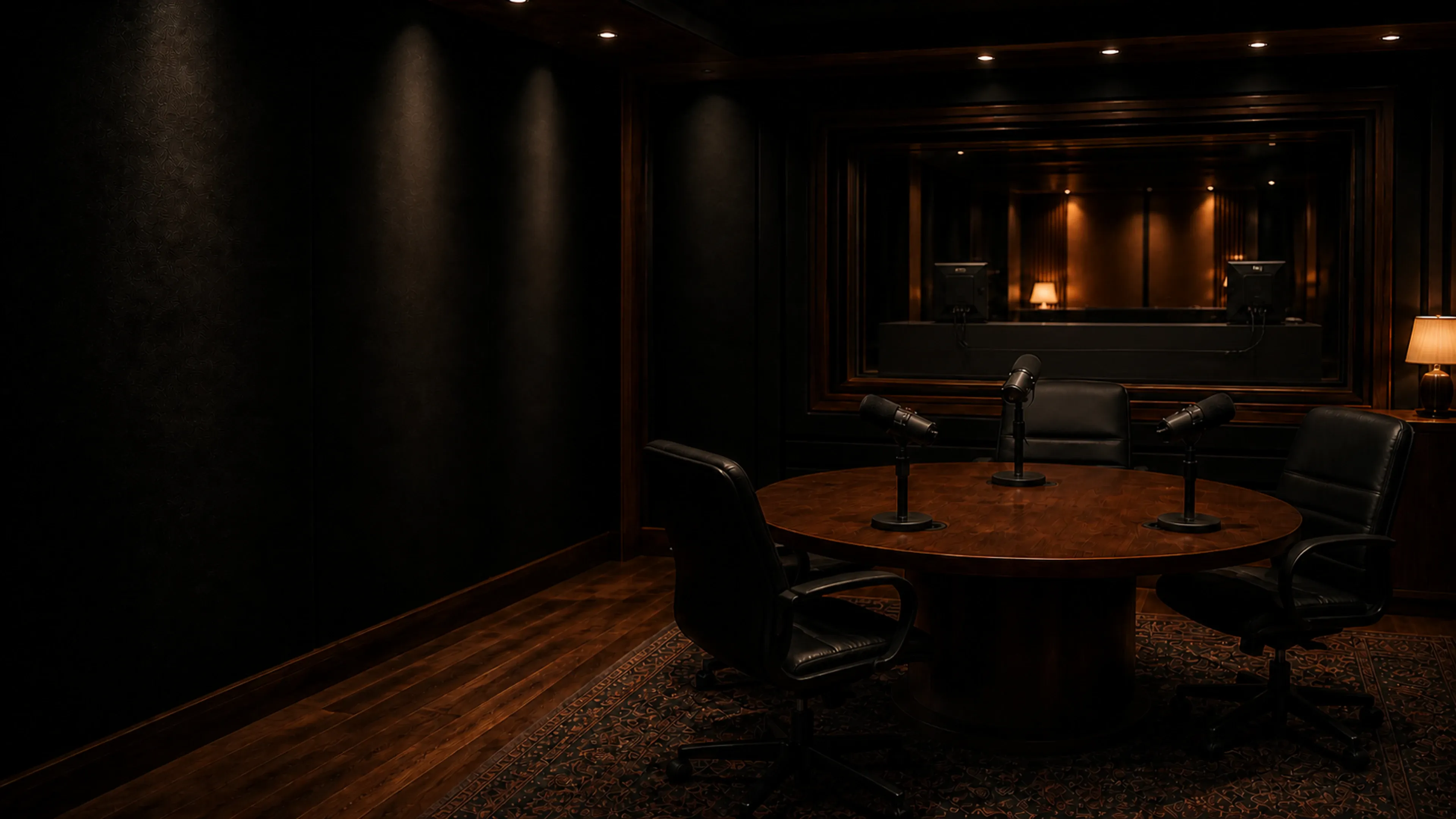 Podcast table with microphones and chairs beside the studio control room