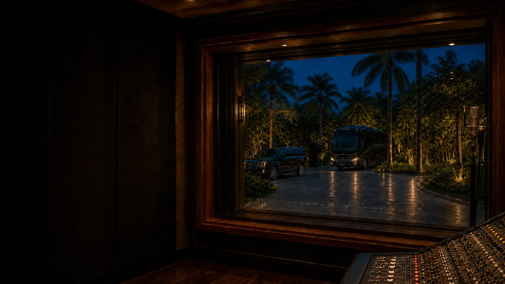 View through a studio window toward the palm-lined gated driveway