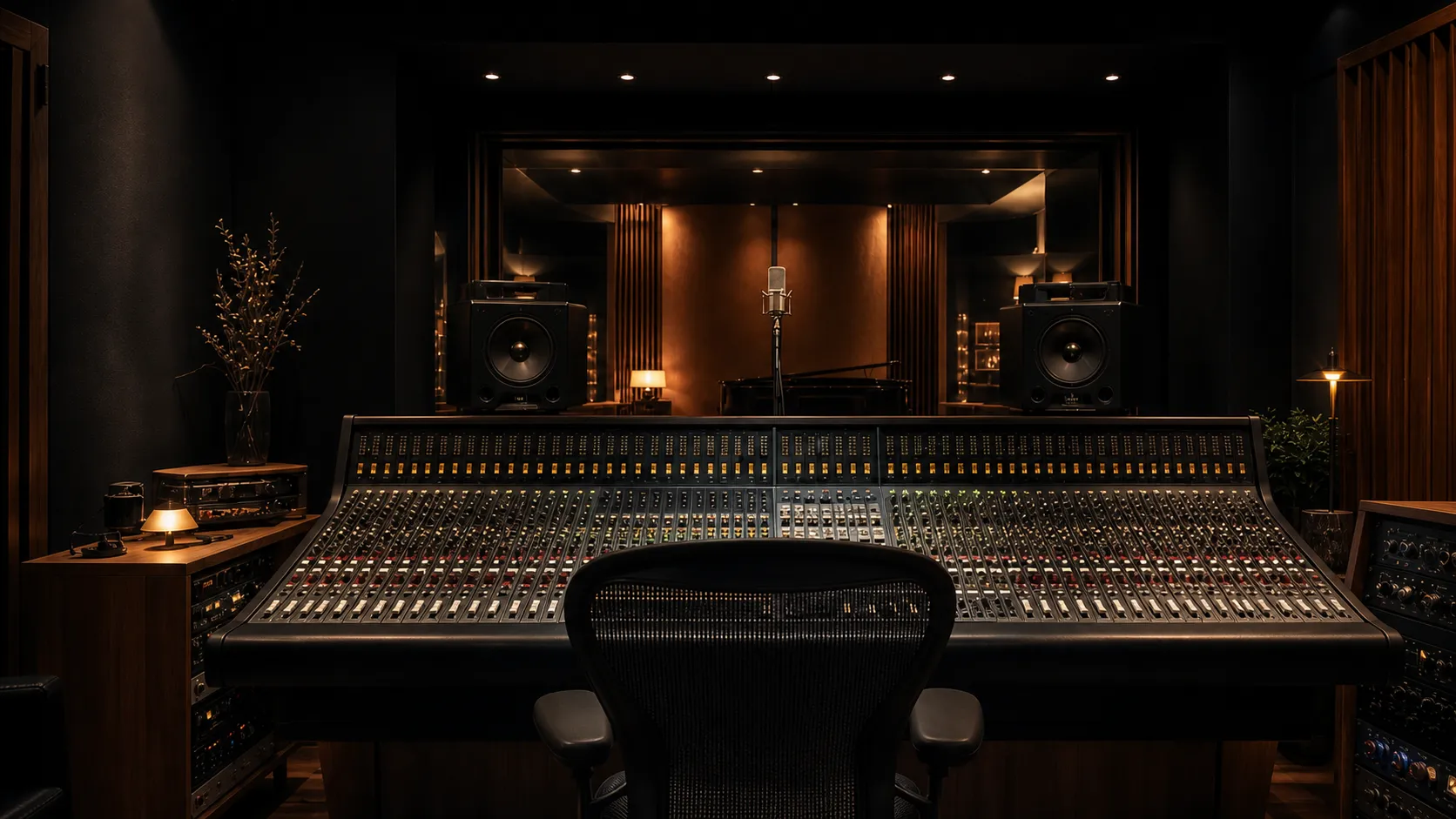 Mixing console facing the recording room through a studio window
