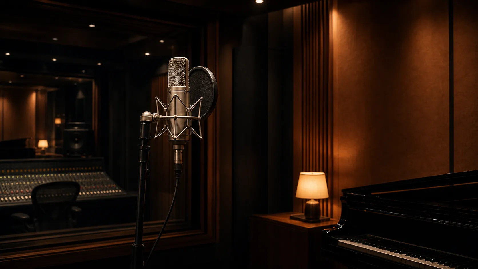 Studio microphone and pop filter in front of the control-room window